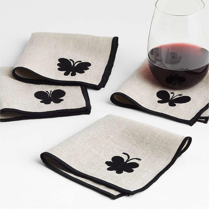 Embroidered Butterfly Botanicals Cocktail Napkins by Lucia Eames, Set of 4.