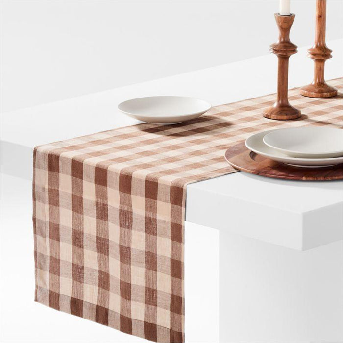 Marin 120" Brown and Natural Buffalo Check EUROPEAN FLAX ™-Certified Linen Runner.