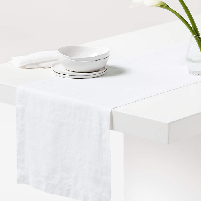 Marin 120" White European Flax ®-Certified Linen Table Runner.