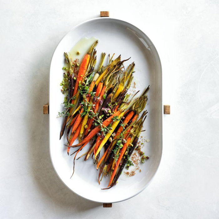 Oven-to-Table Oval Serving Platter with Wood Stand.
