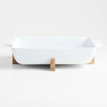 Oven-to-Table Rectangle Baking Dish with Wood Stand.