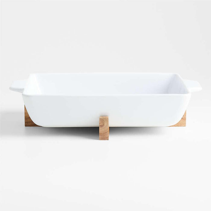 Oven-to-Table Rectangle Baking Dish with Wood Stand.