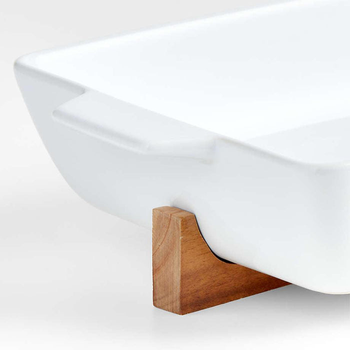 Oven-to-Table Rectangle Baking Dish with Wood Stand.