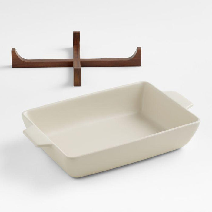 Oven-to-Table Rectangular Baking Dish with Dark Wood Trivet