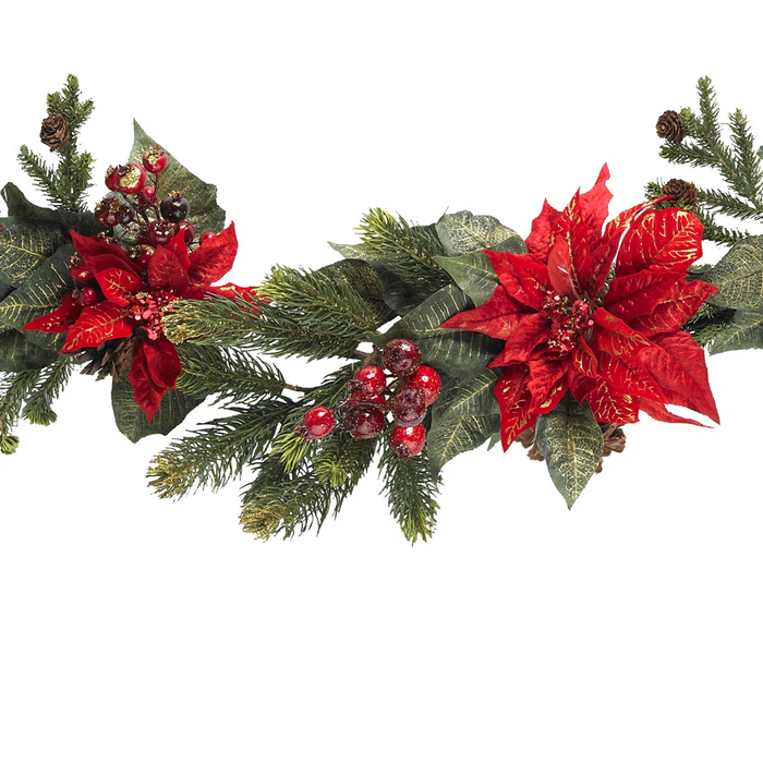 Red Berry & Poinsettia Accented Mantel Garland